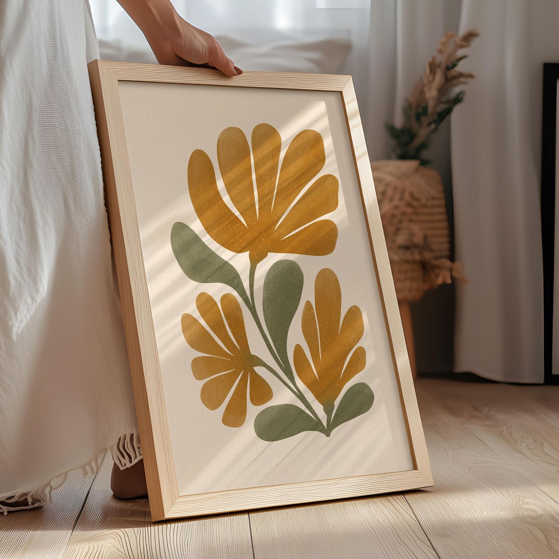 Ochre and Green Floral Spray Earthy Botanical Boho Art Poster