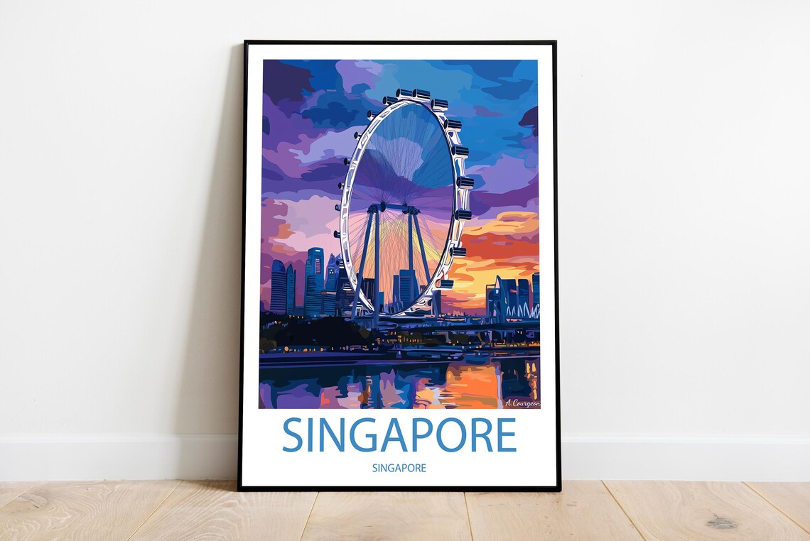 Singapore Flyer Ferris Wheel Sunset City Skyline Travel Poster