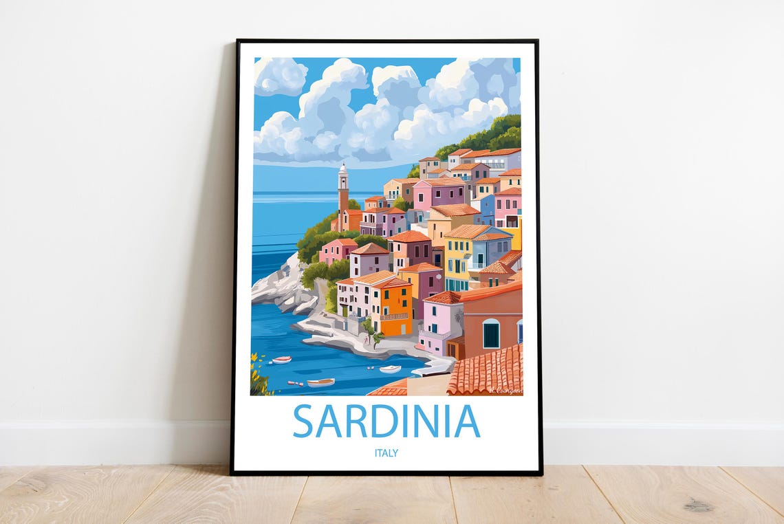 Sardinia Italy Colorful Coastal Town Sunny Harbor Travel Poster