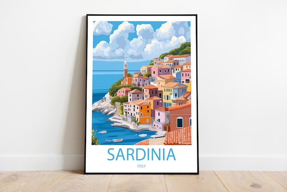 Sardinia Italy Colorful Coastal Town Sunny Harbor Travel Poster