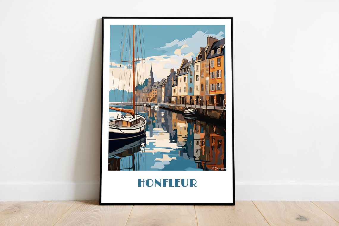 Honfleur Handmade Poster Wall Art Retro Travel Framed Birthday Home Made Decor Gift Vector Illustration Print Painting Custom