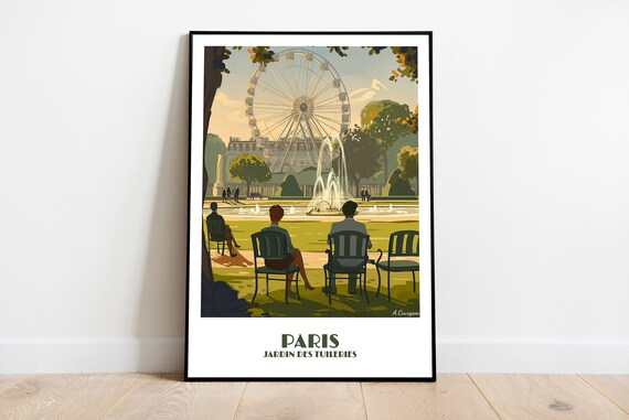 Paris Jardin Des Tuileries Ferris Wheel Garden Vintage Travel Poster