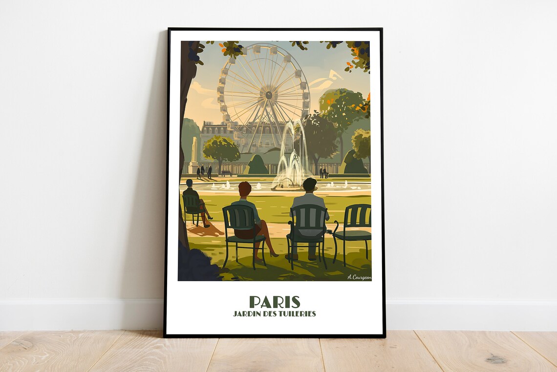 Paris Jardin Des Tuileries Ferris Wheel Garden Vintage Travel Poster