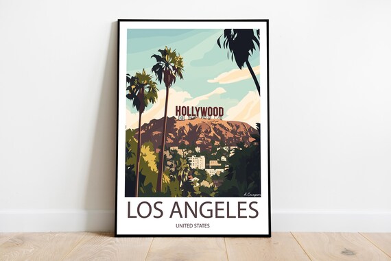 Los Angeles Hollywood Sign Palm Trees Vintage Travel Poster Decor