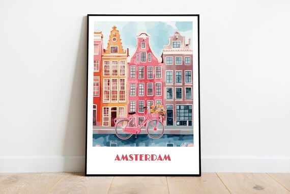 Handmade Amsterdam Poster Wall Art Modern Travel Framed Birthday Home Made Decor Gift Vector Illustration Print Painting Custom