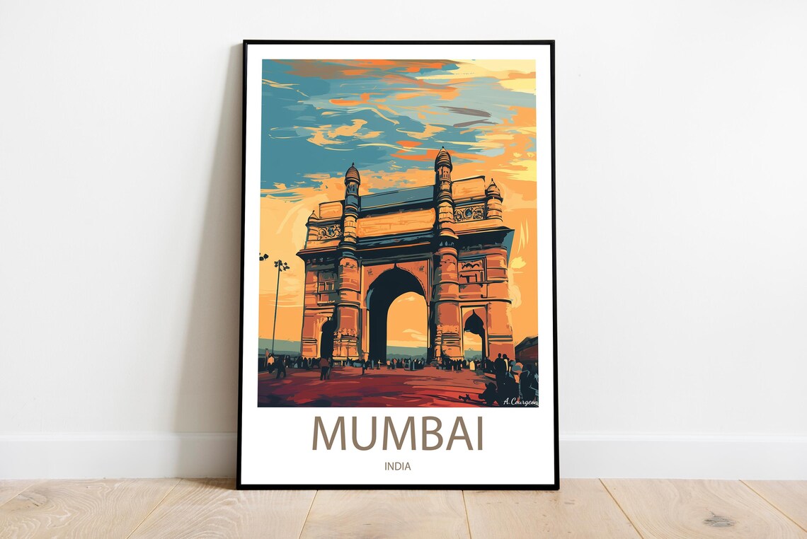 Mumbai India Gateway Arch Sunset Cityscape Travel Art Poster