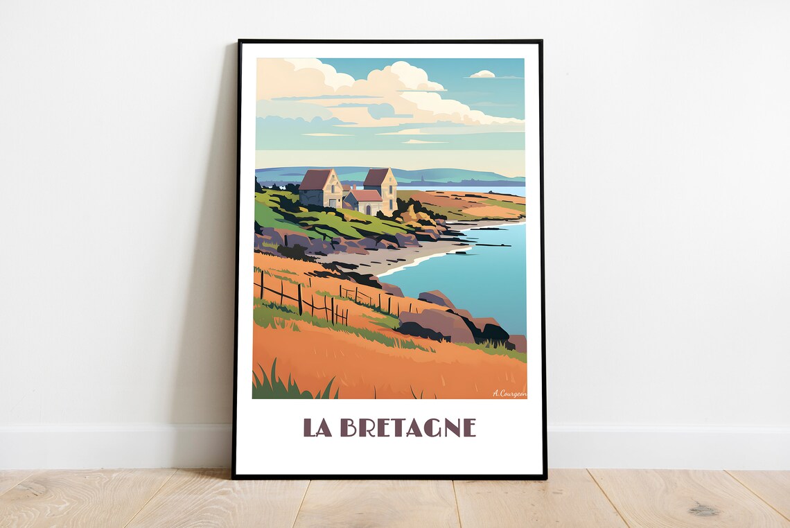 La Bretagne France Coastal Cliffside Houses Ocean Vintage Travel Poster