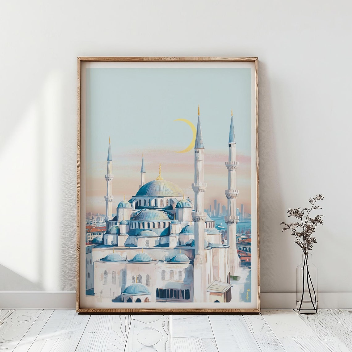 Blue Mosque Istanbul Turkey Travel Illustration Crescent Moon Poster