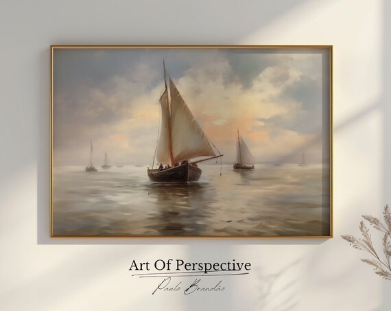 Sailboat Ocean Oil Painting Sailing Ships Misty Seascape Art Print