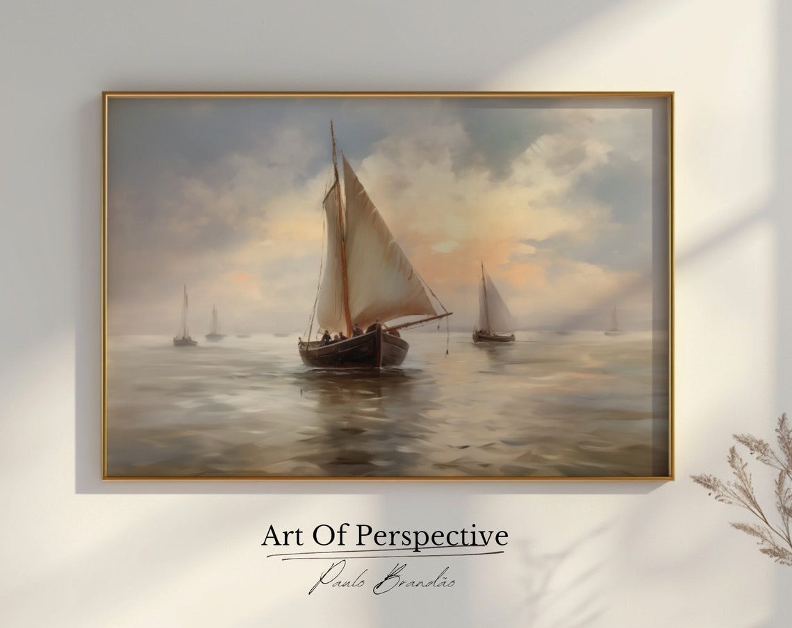 Sailboat Ocean Oil Painting Sailing Ships Misty Seascape Art Print