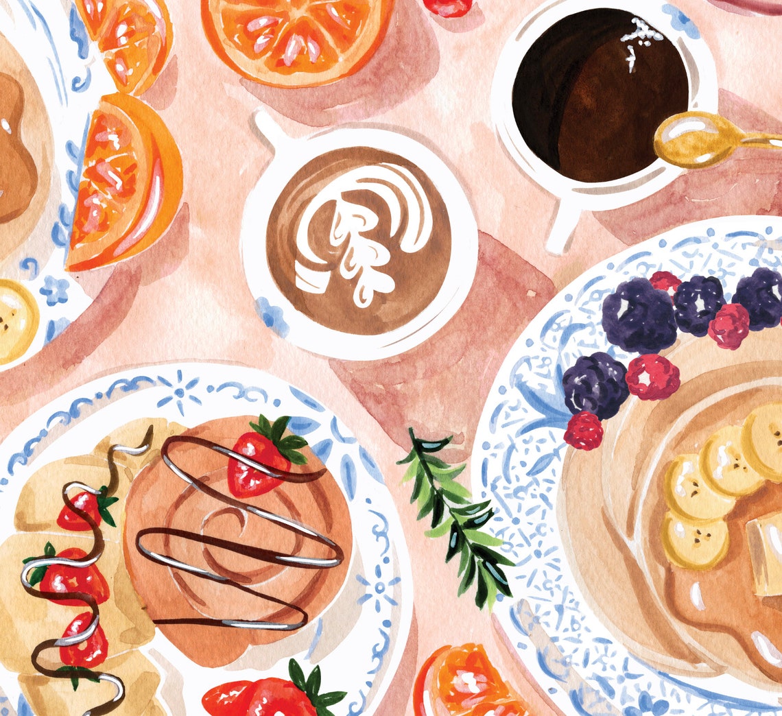 Brunch Spread Pancakes Latte Art Coffee Watercolor Kitchen Wall Art