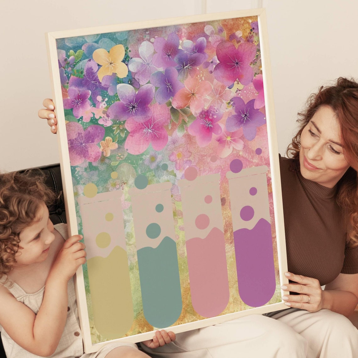Colorful Test Tubes Floral Watercolor Science Laboratory Poster