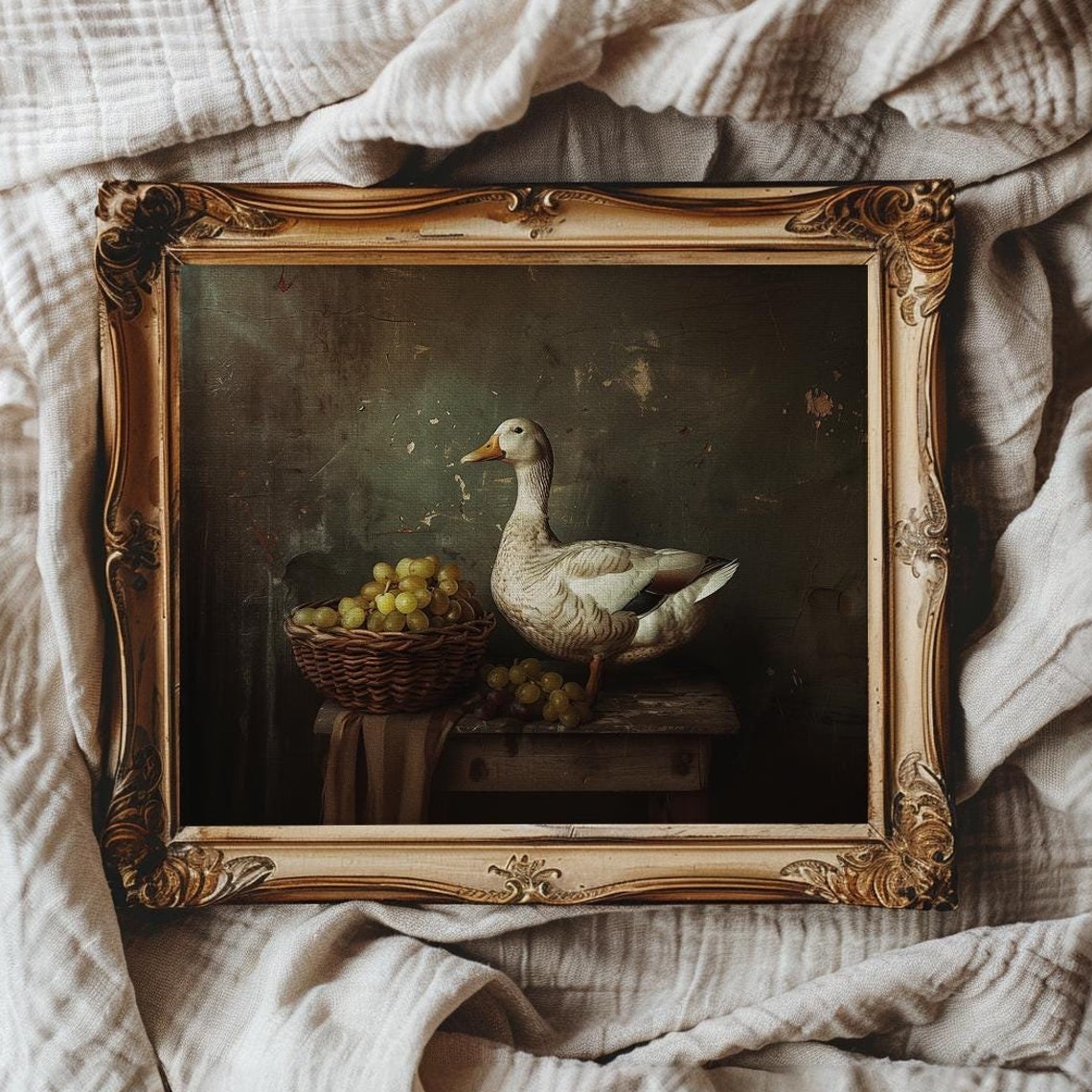 Domestic White Duck by Basket of Grapes Dark Moody Still Life Poster