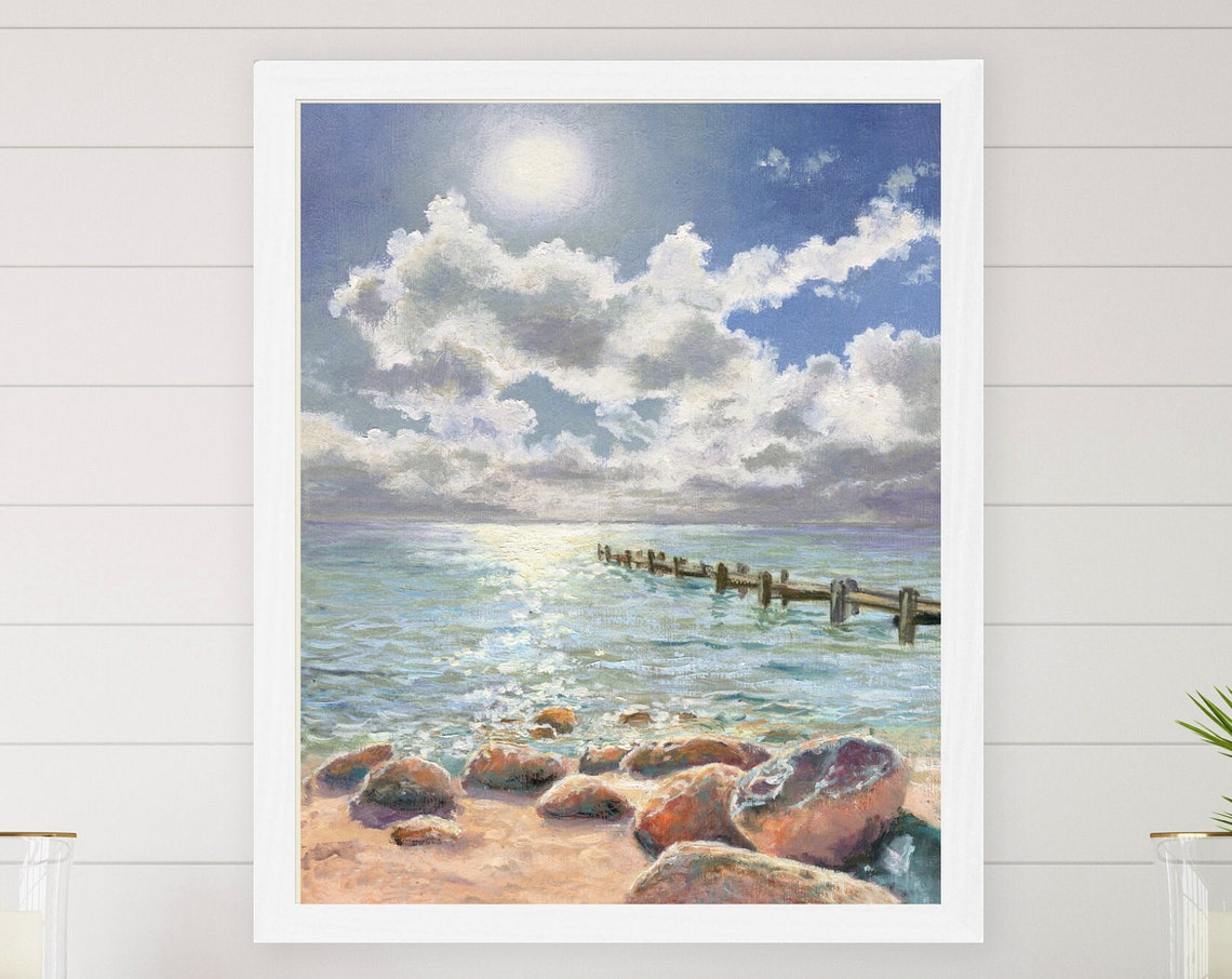 Beach Pier Painting Print Sun Ocean Waves Art Print Sea Shore Oil Painting Nautical Oceanscape Coastal Apartment Decor Beachy Wall Art - Image 6