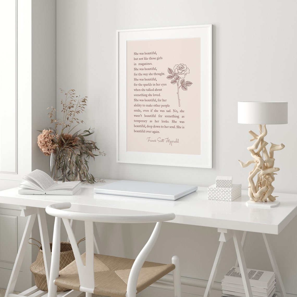 She Was Beautiful F Scott Fitzgerald Quote Rose Line Art Poster - Image 3