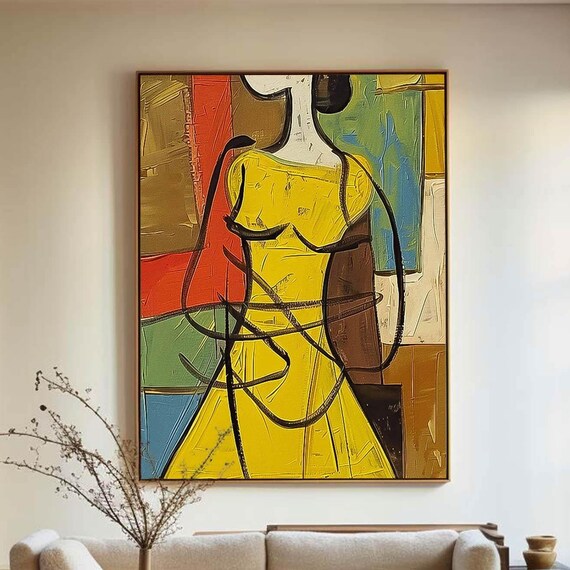 Faceless Abstract Woman Yellow Dress Cubist Modern Canvas Poster