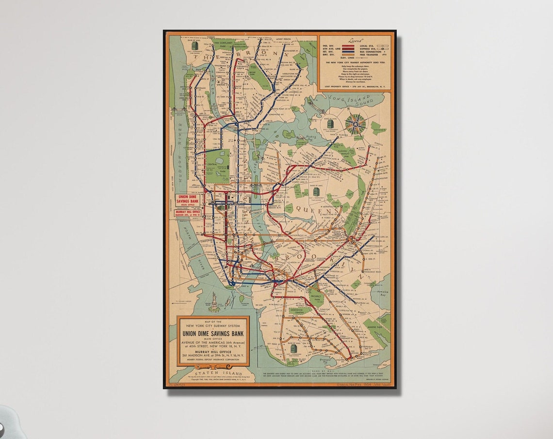 Vintage New York City Subway System Map Union Dime Bank Poster