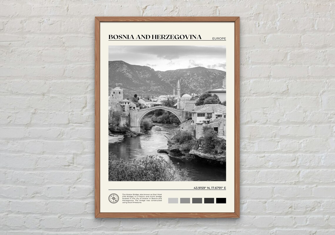 Black And White Bosnia And Herzegovina Travel Poster