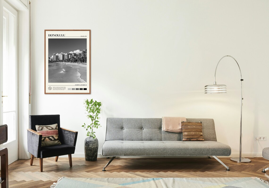 Honolulu Black and White Travel Poster, Art Print - Image 3