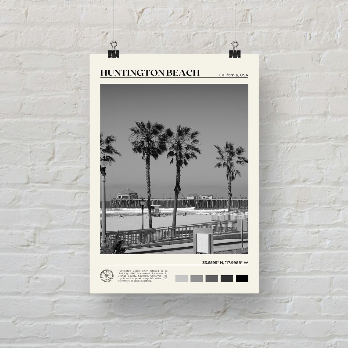 Huntington Beach Black And White Photo Art Print - Image 2