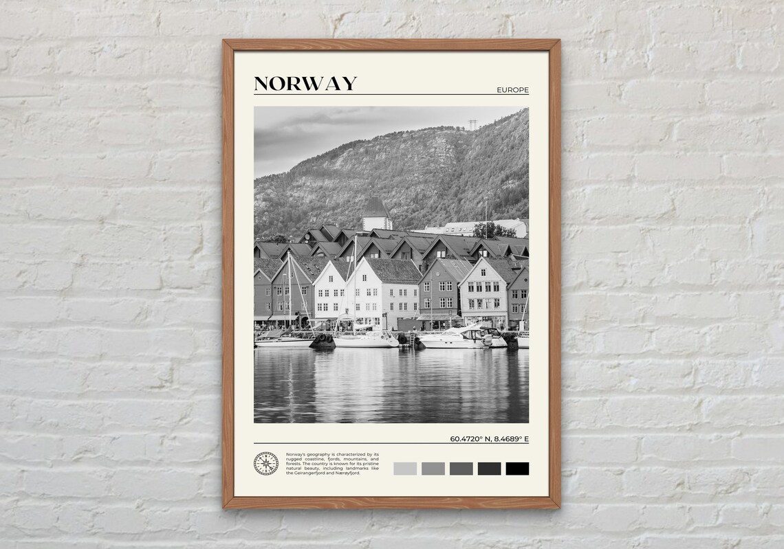 Norway Black and White Travel Poster, Europe Wall Art