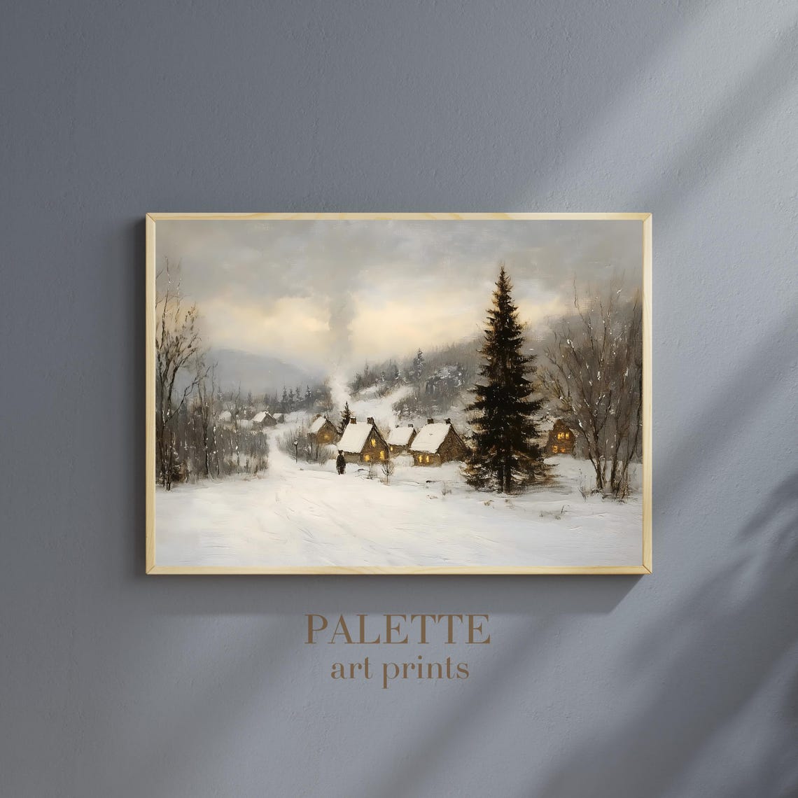 Cozy Snowy Winter Village Cabins with Warm Lights Night Poster - Image 3