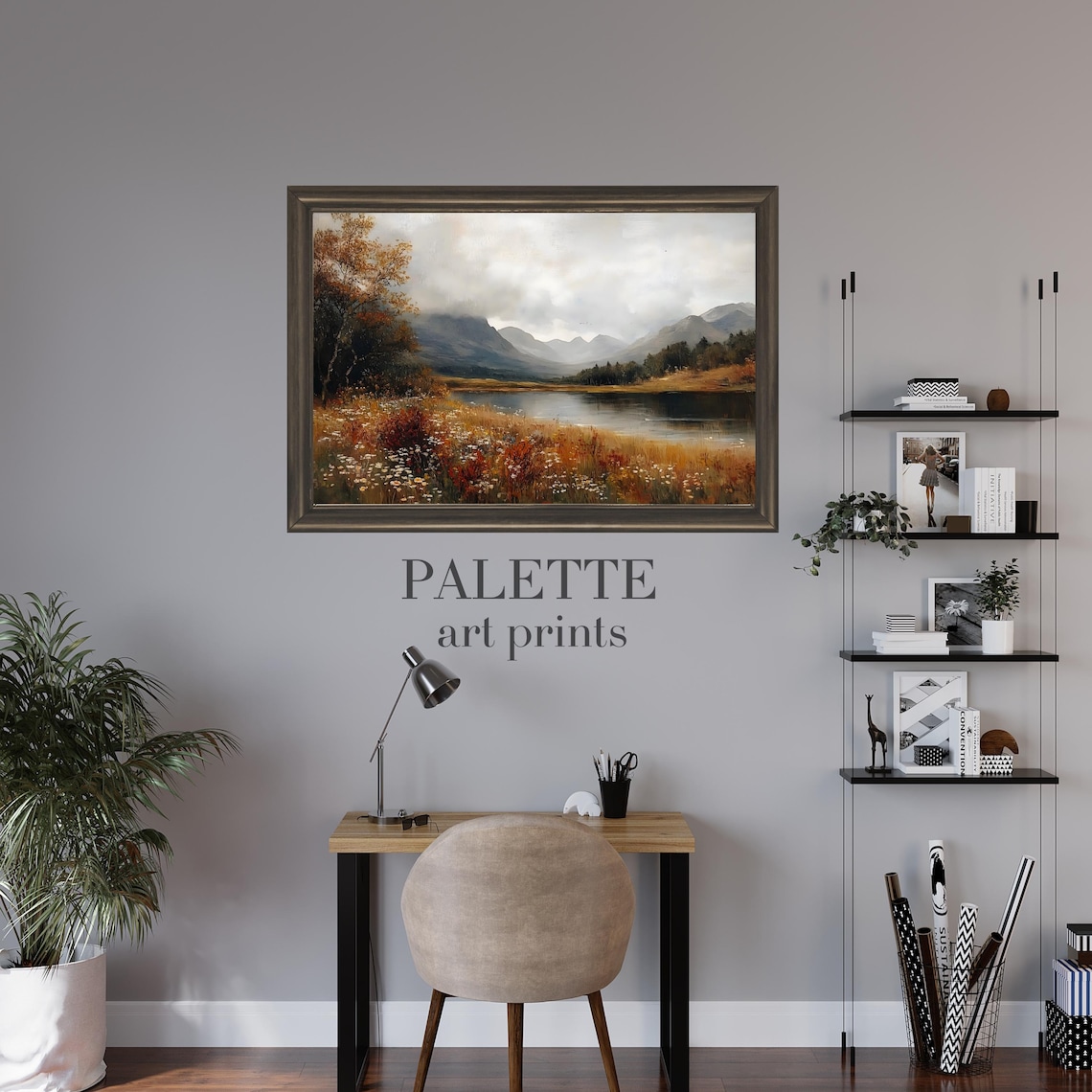 Mountain Lake Wildflower Meadow Cloudy Sky Painting Nature Wall Poster - Image 2
