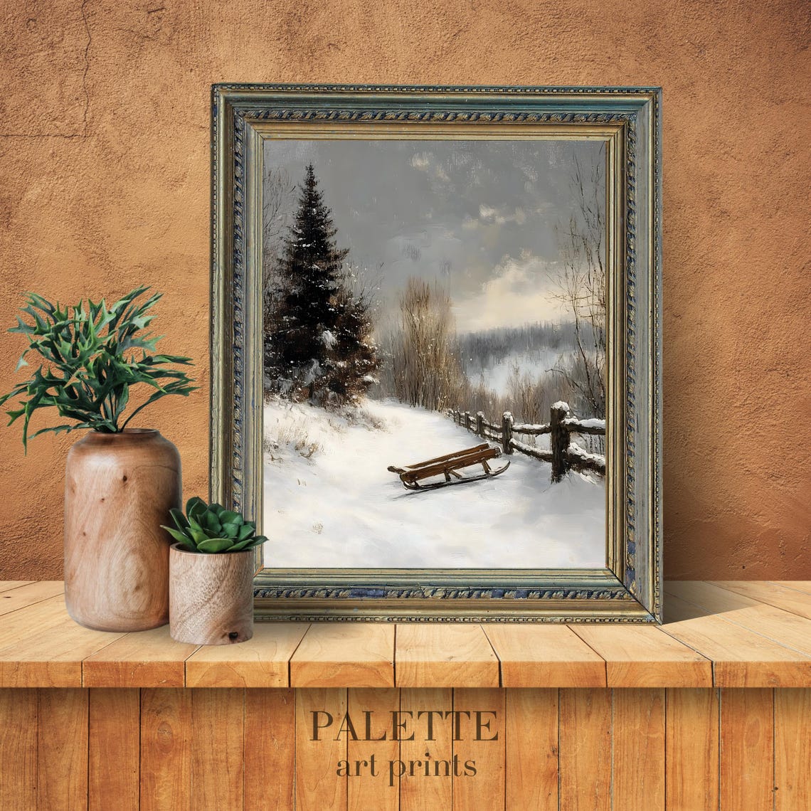 Wooden Sled Snowy Path Rustic Fence Winter Landscape Art Print - Image 3