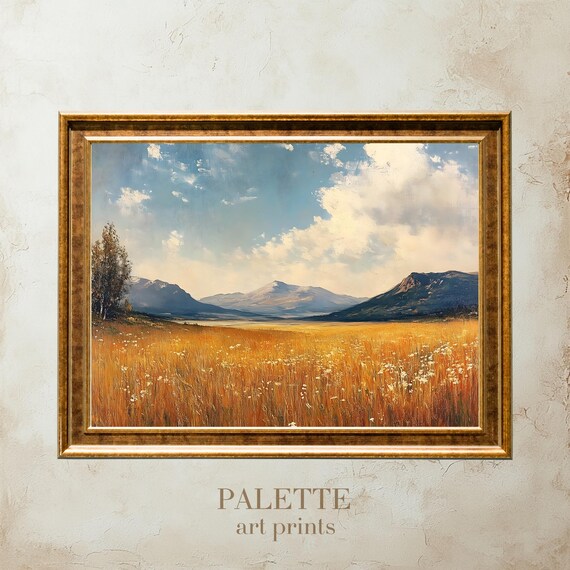 Landscape Wall Art Painting Print Mountain Meadow Artwork Rustic Farmhouse Wall Decor Nature Inspired Scenic Art Lnd021