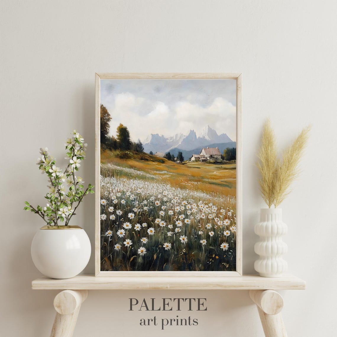 Daisy Field Country Cottage Mountain View Rustic Landscape Print - Image 3