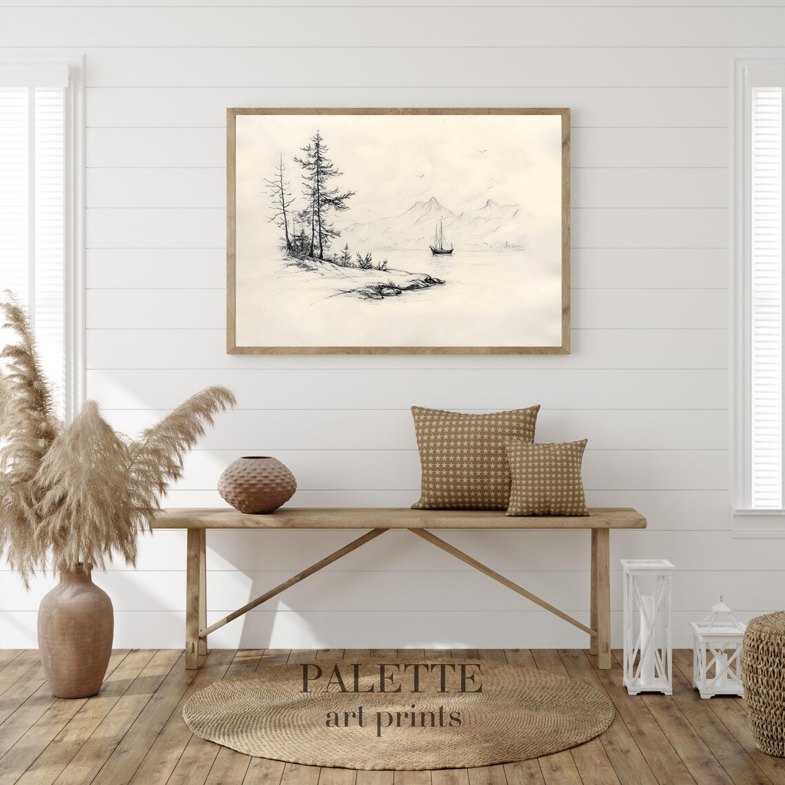 Mountain Lake Sailboat Pine Shore Minimalist Pencil Sketch Print - Image 2