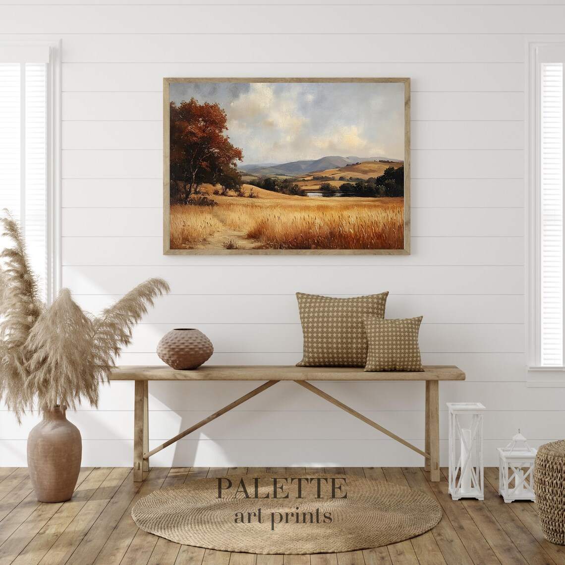 Golden Autumn Field Lake Red Tree Warm Vintage Landscape Poster - Image 3