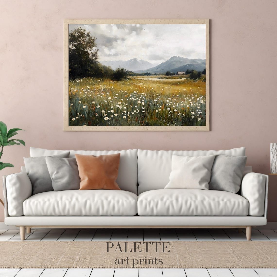 Daisy Meadow Distant Mountains Cottage Pastoral Landscape Poster - Image 2