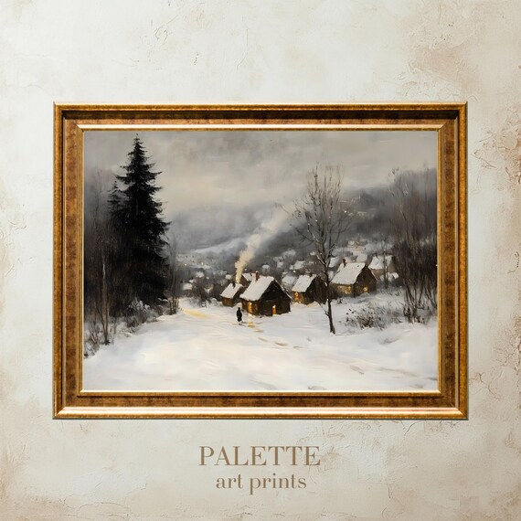 Cozy Winter Village At Dusk With Warmly Lit Cabins In Snow Poster