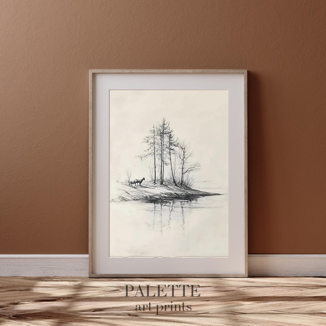 Horse Standing by Still Water Among Tall Trees Pencil Sketch Wall Art - Image 3