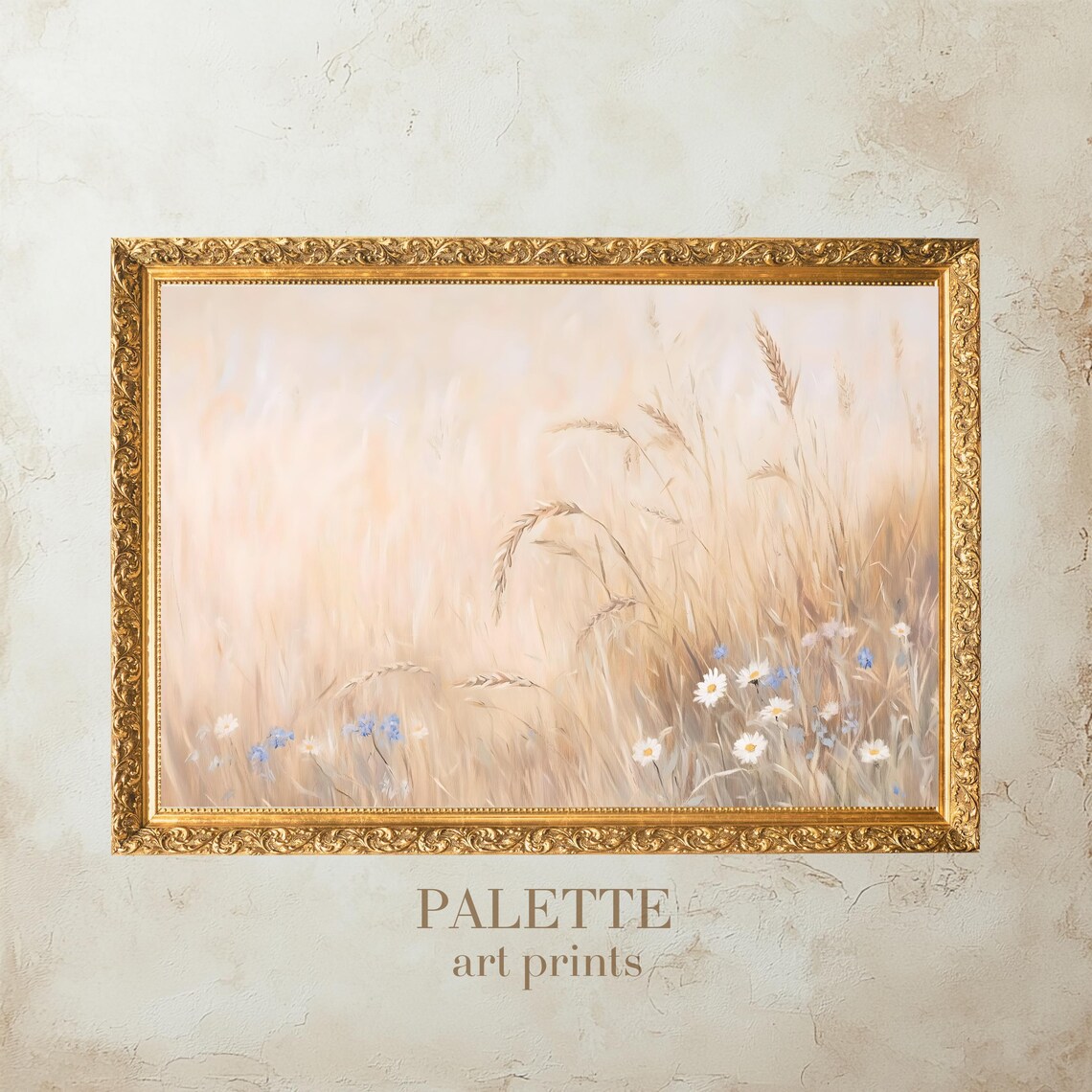 Soft Beige Wheat Field Daisies and Blue Wildflowers Wall Art