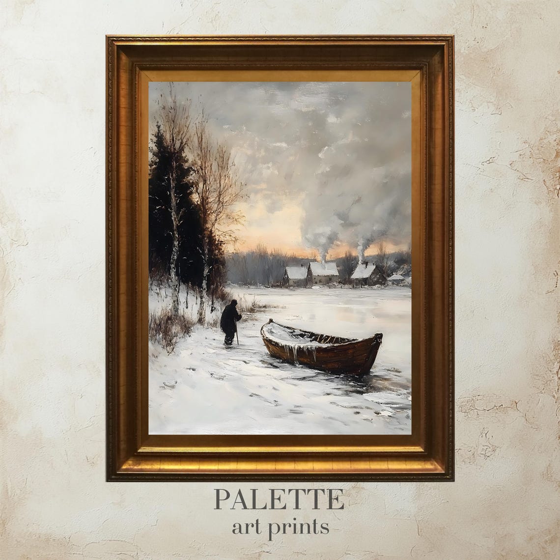 Frozen River Rowboat Lone Figure Snowy Village Winter Painting Poster