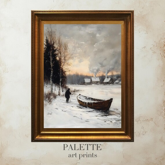 Frozen River Rowboat Lone Figure Snowy Village Winter Painting Poster
