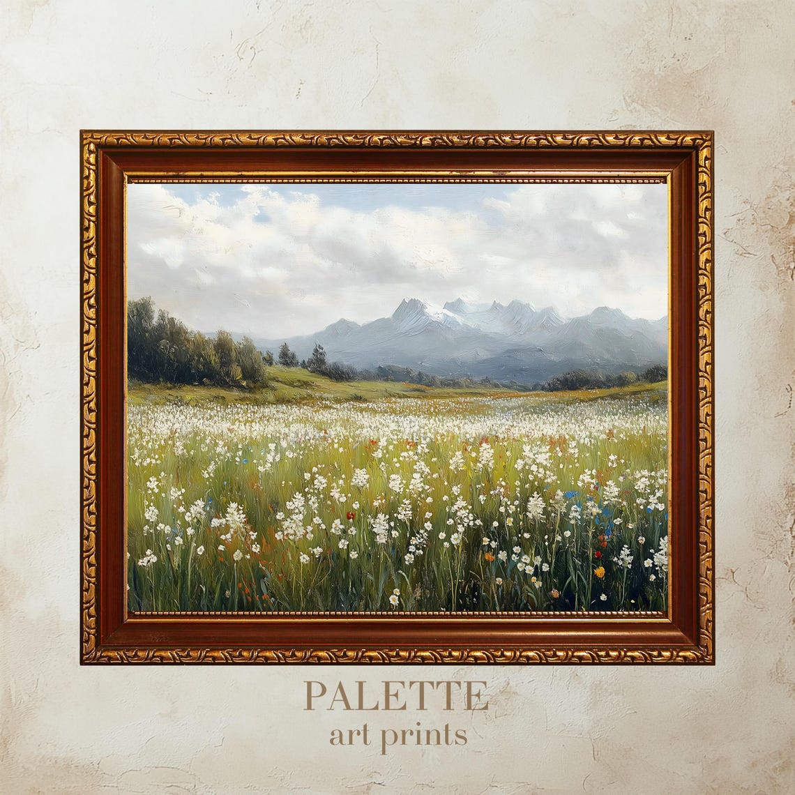 Wildflower Meadow in Bloom with Soft Misty Mountain Background Poster
