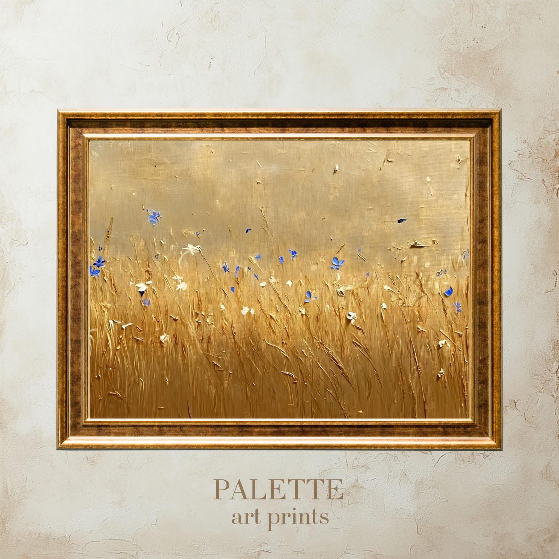 Golden Wheat Field Blue Cornflower Impasto Rustic Harvest Print - Image 2