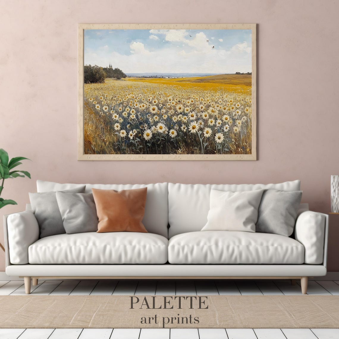 Endless White Daisy Field Blue Sky Church Spire Horizon Wall Art - Image 3