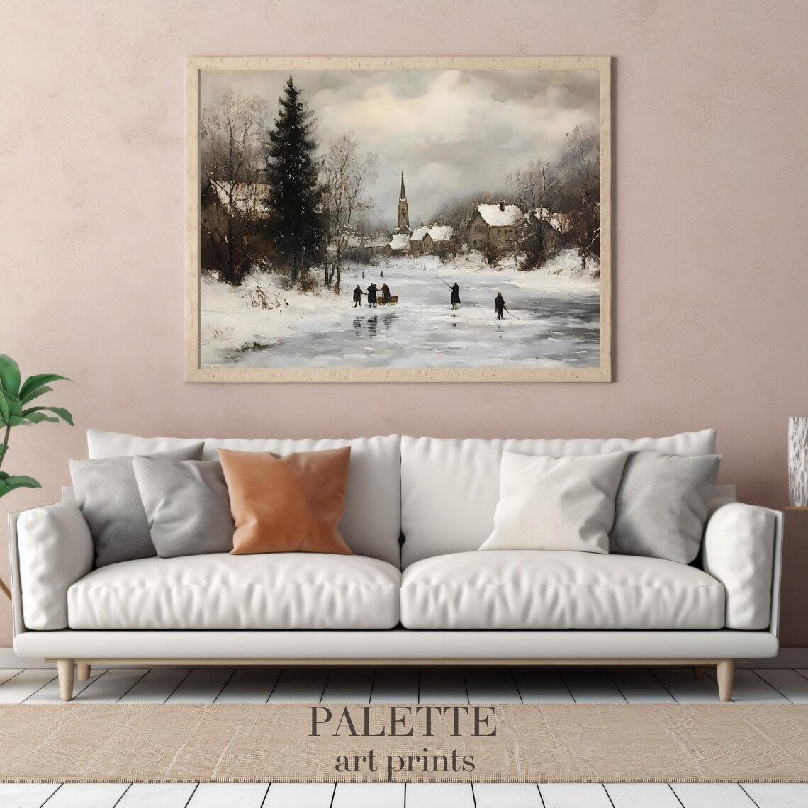 Ice Fishing on Frozen River Winter Village Church Scene Poster - Image 3