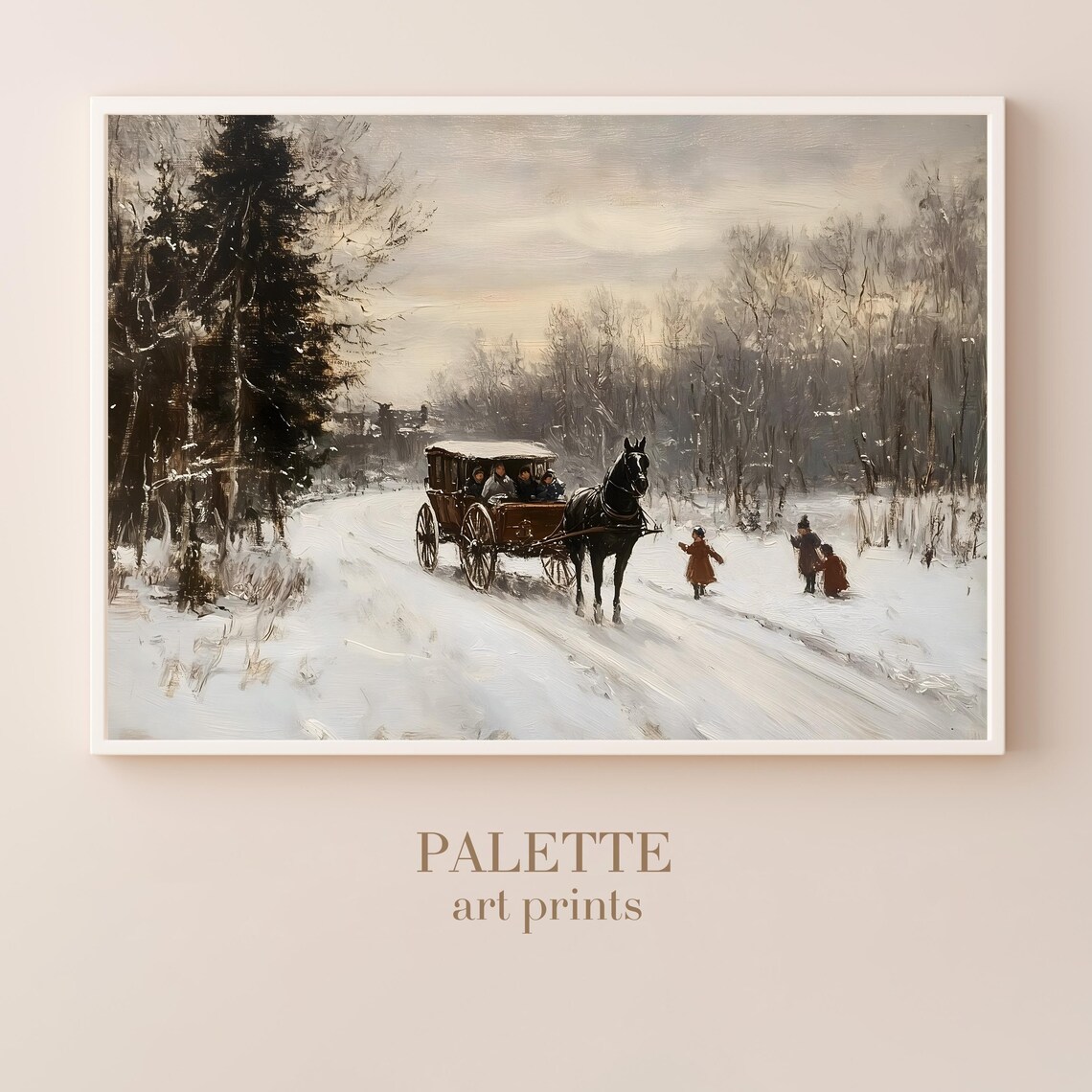 Horse Drawn Carriage Snowy Winter Road Vintage Christmas Print