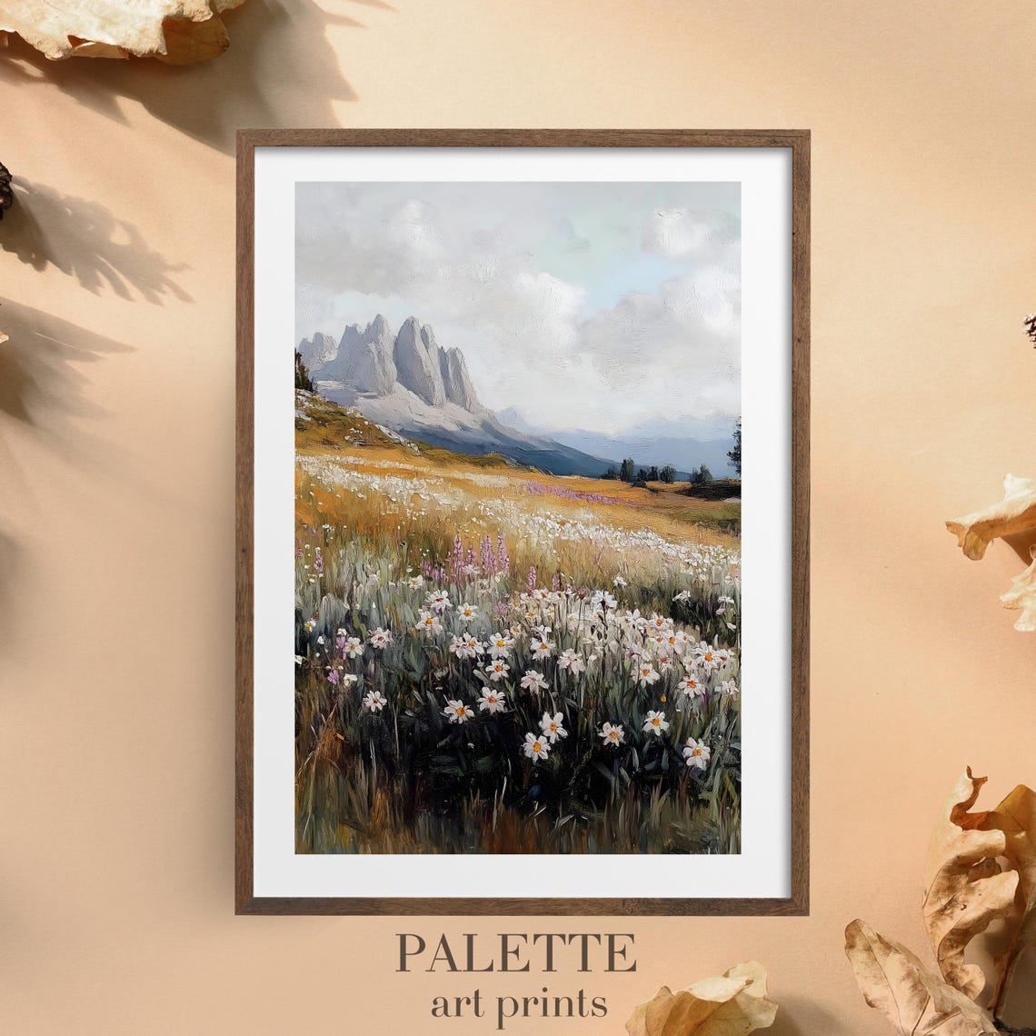 Daisy Meadow Rocky Peak Alpine Wildflower Landscape Art Print - Image 3