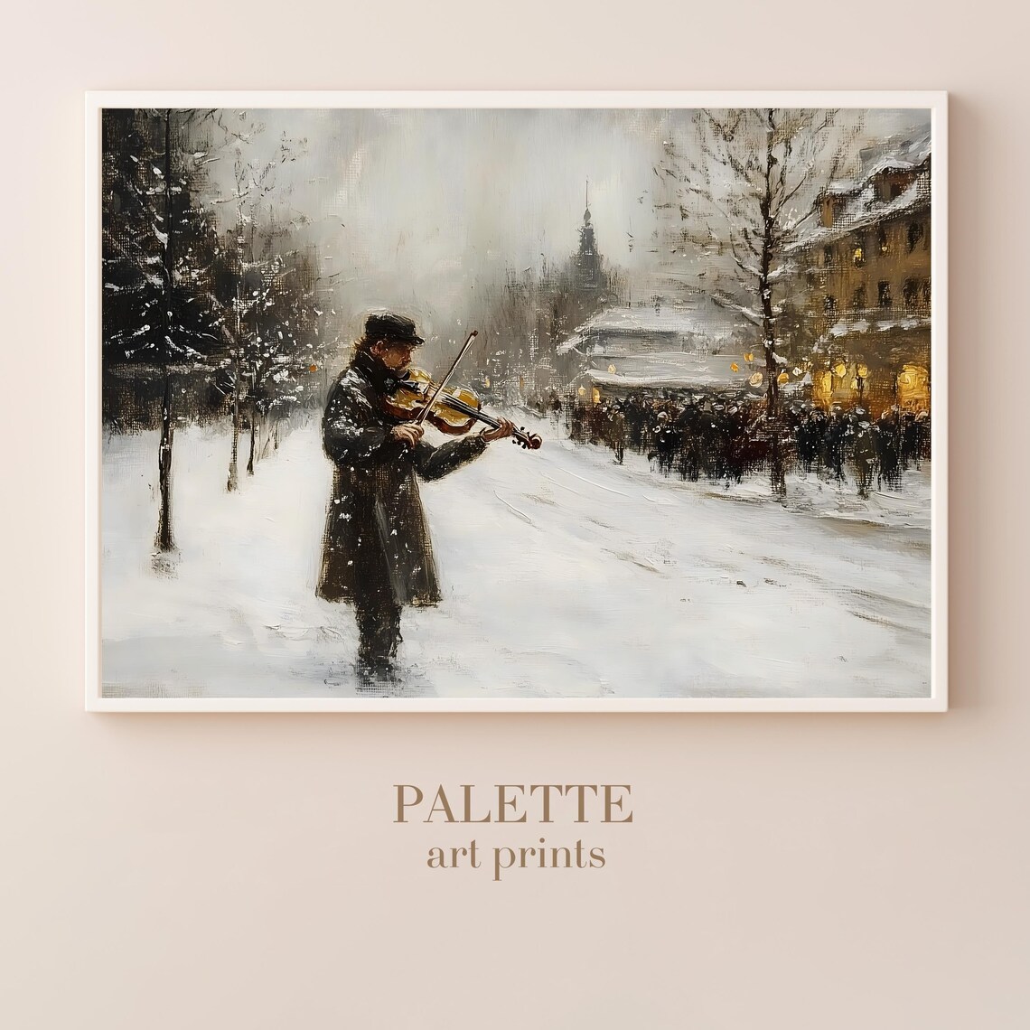 Elegant Violinist Playing on Snowy City Street Winter Music Poster