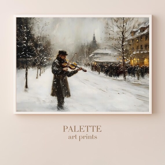 Elegant Violinist Playing on Snowy City Street Winter Music Poster