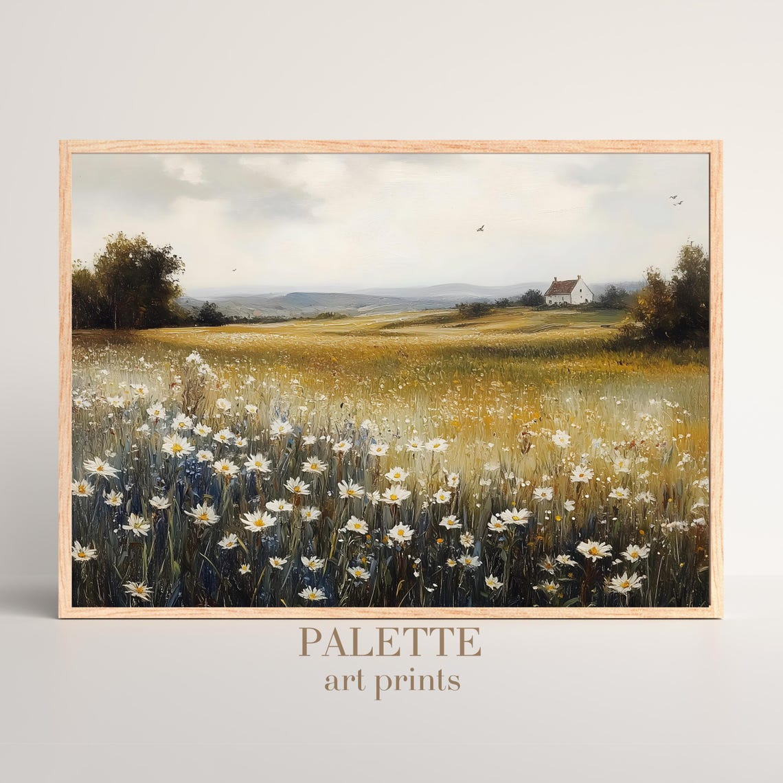 Daisy Meadow Cottage Distant Hills Birds Country Landscape Poster