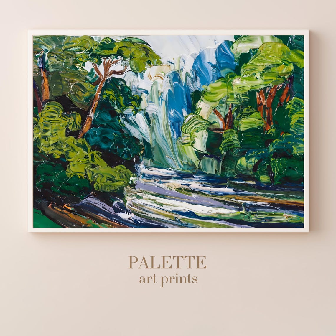 Tropical Waterfall in Lush Jungle Impasto Green Landscape Poster - Image 3