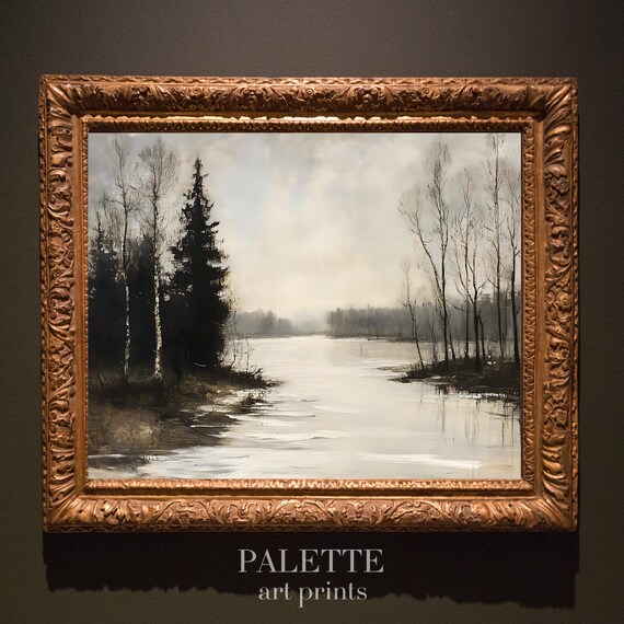 Tranquil Frozen Lake in Misty Winter Forest Morning Scene Poster