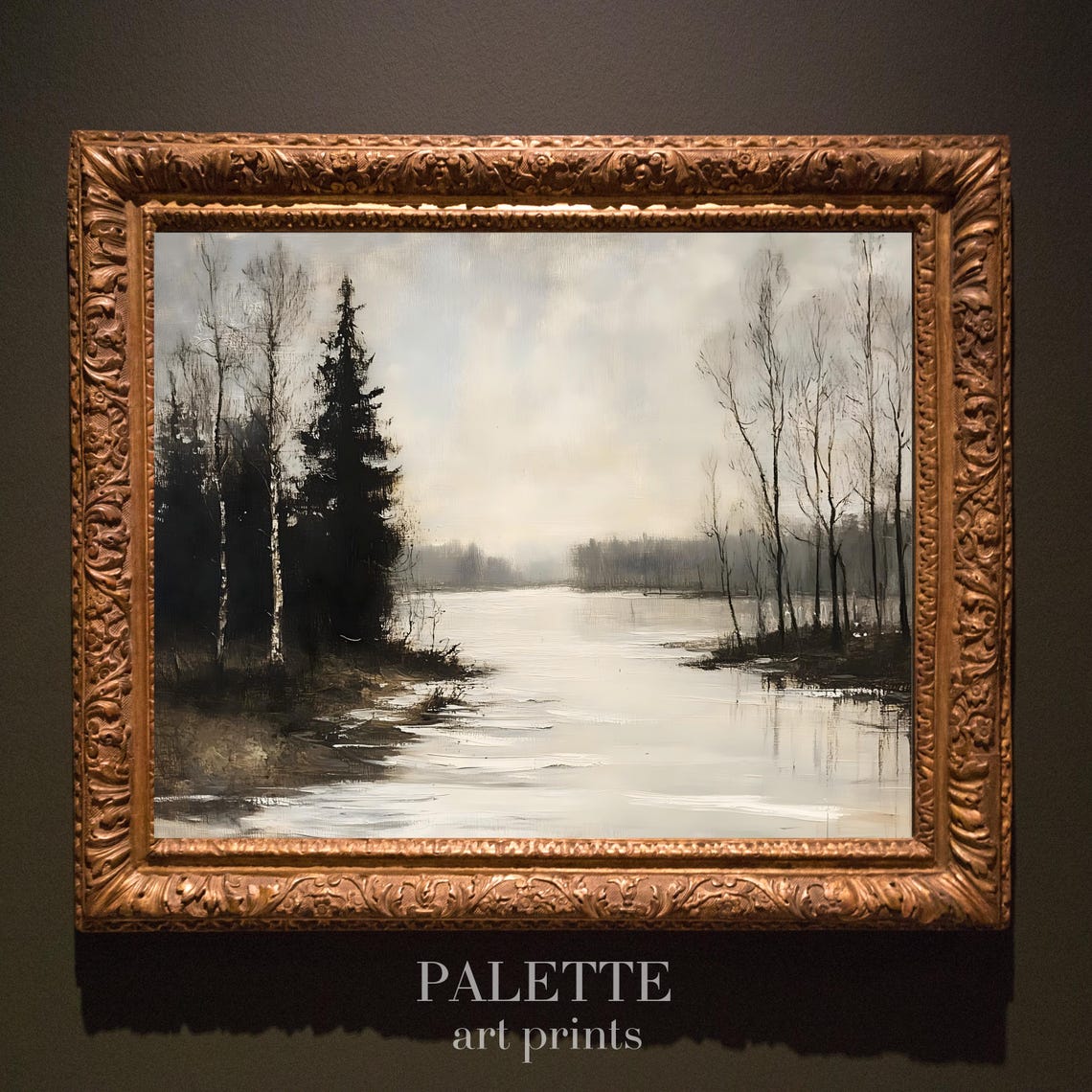 Tranquil Frozen Lake in Misty Winter Forest Morning Scene Poster